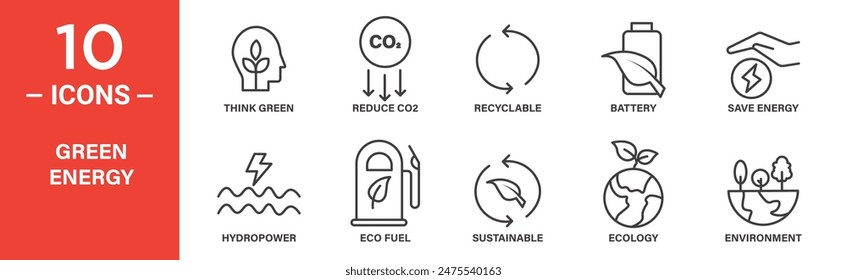 El conjunto de iconos de Vector Guardar relacionados con la energía verde incluye pensar verde, reducir el co2, reciclable, batería,