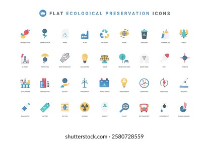 Green energy, renewable alternative sources, sustainability, eco care for forest and fish color icon set. Water purification, organic farming, clean and reduce waste flat elements vector illustration