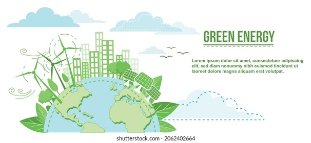 Green Energy and Renewable Energy Concept Vector Illustration. Eco Friendly and Recycling Isolated Vector Icons. Save and Protect the Planet Concept Banner or Poster. Can be used for web or for print.