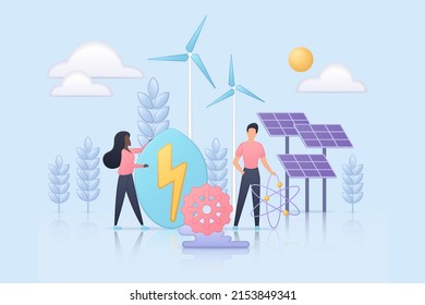 Green energy, renewable power sources with windmills, solar panels. Tiny people save ecology of Earth, users of sustainable technology clean environment 3d vector illustration. Electricity concept