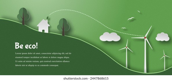 Energía verde, fuentes de energía renovables. Energía para el hogar de los molinos de viento. Anuncio de Web de Vector, publicidad. Sé eco, eslogan publicitario y espacio para texto