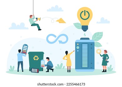Ilustración vectorial de la energía verde y las fuentes renovables. Caricatura de personas pequeñas con batería de baja carga para enviar para reciclaje, usando batería grande para relámpagos, conexión con bombilla