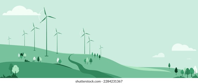 Green energy resource vector illustration. Nature landscape with rotation windmills, wind turbines, field, hill, trees, sky and cloud. Power generation concept. Copy space.