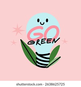 Green energy. Save recourses, light blub. Eco energy, electrical technology. Label, emblem or sticker design. Eco friendly. Vector cartoon flat style isolated illustration