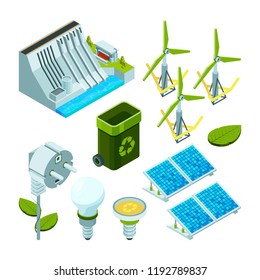 Green energy. Saving factory power electric hydro turbines ecosystem various technology 3d isometric vector symbols. Power turbine, electric hydropower illustration