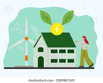Green energy saving house concept. Nature care, green energy. Use clean green energy from renewable sources. Sustainability at home, community, sustainable business, green tech, sustainable. 