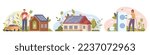 Green energy saving house, flat cartoon vector illustration set. Modern eco private building with solar energy panels, smart home technology. Electric car charging station. Renewable energy concept
