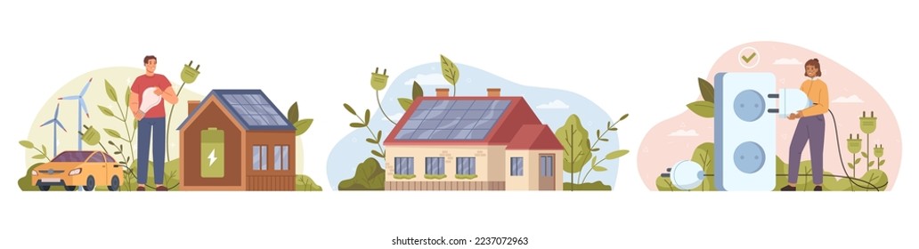 Green energy saving house, flat cartoon vector illustration set. Modern eco private building with solar energy panels, smart home technology. Electric car charging station. Renewable energy concept