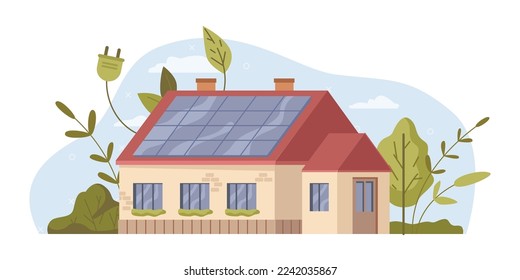 Green energy saving house, solar energy panels on roof, flat cartoon vector illustration. Modern eco private building with smart home technology. Renewable energy concept, sockets and tree plants