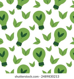 Green energy seamless pattern. A green light bulb and leaves. Vector, flat style.