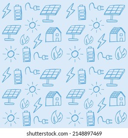 Green energy seamless pattern, solar panel linear background template, sustainable electricity icons repetitive vector illustration design, repeat doodle style wallpaper.