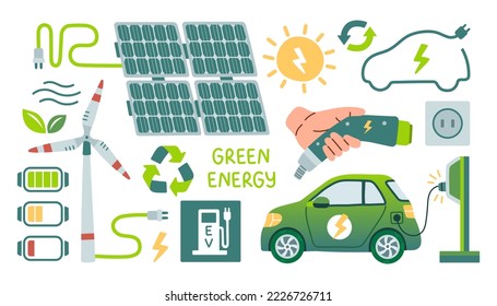 Green energy set isolated on white background, wind generator and solar battery, green energy, electric car and charging