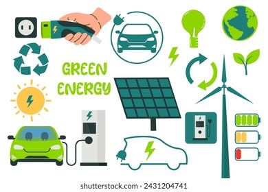 Green energy set isolated on white background, wind generator and solar battery, green energy, electric car and charging