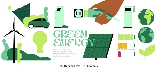 Green energy set isolated on white background, wind generator and solar battery, green energy, electric car and charging.