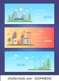 Green energy - set of modern flat design style vector illustrations with place for your text. Three high quality banners on eco theme with plant, windmills, mountains, solar panels, geese, boy cycling