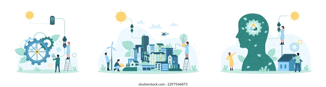 Green energy set vector illustration. Cartoon tiny people work with eco friendly technology and renewable resources to generate electricity for abstract city by connecting wires to sun, windmill