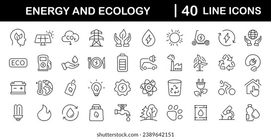 Green energy set of web icons in line style. Ecology icons for web and mobile app. Solar panel, recycle, eco, green electricity, nature, bio, power, water, power and more. Editable stroke