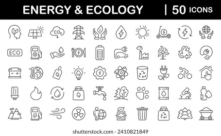 Green energy set of web icons in line style. Ecology icons for web and mobile app. Solar panel, recycle, eco, green electricity, nature, bio, power, water, power and more. Editable stroke