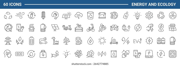 Green energy set of web icons in line style. Ecology icons for web and mobile app. Solar panel, recycle, eco, green electricity, nature, bio, power, water, power and more. Editable stroke