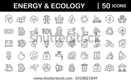 Green energy set of web icons in line style. Ecology icons for web and mobile app. Solar panel, recycle, eco, green electricity, nature, bio, power, water, power and more. Editable stroke