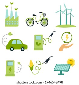 Green energy set. Windmills and solar panels, eco fuel, Electric car. Ecological friendly energy producing. Hand drawn Flat vector illustration.