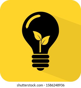 Green energy sign. Eco bulb. Environmental friendly pure electricity. Flat 3D shadow design. yellow background black vector. product brand service label banner board display. App icon.