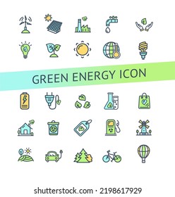 Green Energy Signs Thin Line Color Icons Set Include of Lightbulb, Bicycle and Plug. Vector illustration of Icon