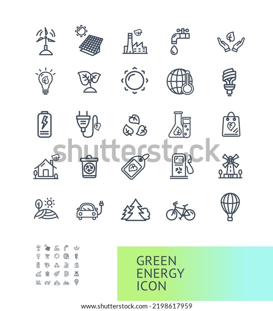 Green Energy Signs Thin Line\
Icons Set Include of Earth, Car and Sun. Vector illustration of\
Icon