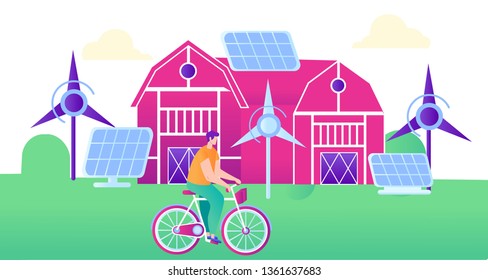 Green Energy for Smart Farm Flat Illustration. Safe Green Energy for Agriculture. Windmills, Solar Panel Generates Electricity for Smart Farm.  Against Background Farm Man Riding Bicycle.