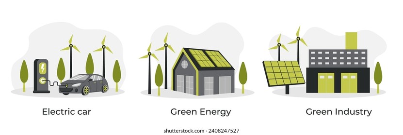 Green energy. Smart grid. Renewable. House with windmills and solar energy panels, electric car near charging station, industry.