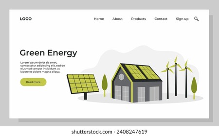 Green energy. Smart grid. Renewable. House with windmills and solar energy panels. Template for landing page.