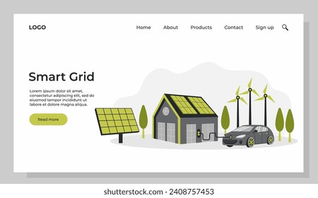 Green energy. Smart grid. Renewable. House with windmills and solar energy panels, electric car near charging station. Template for landing page.