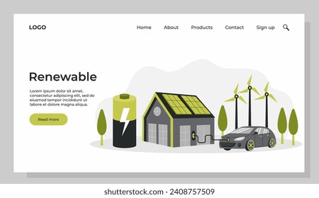 Green energy. Smart grid. Renewable. House with battery and solar energy panels, electric car near charging station. Template for landing page.