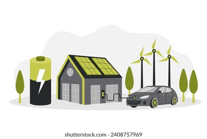 Green energy. Smart grid. Renewable. House with windmills and solar energy panels, electric car near charging station.