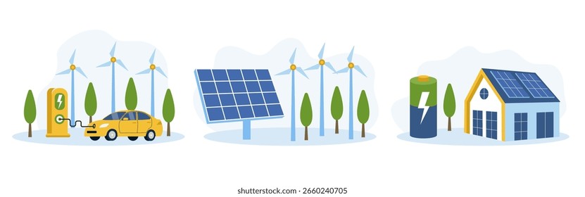 Green energy. Smart grid. Renewable. House with battery, windmills and solar energy panels, electric car near charging station.