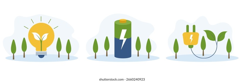 Green energy. Smart grid. Renewable. Battery, lamp and plug.
