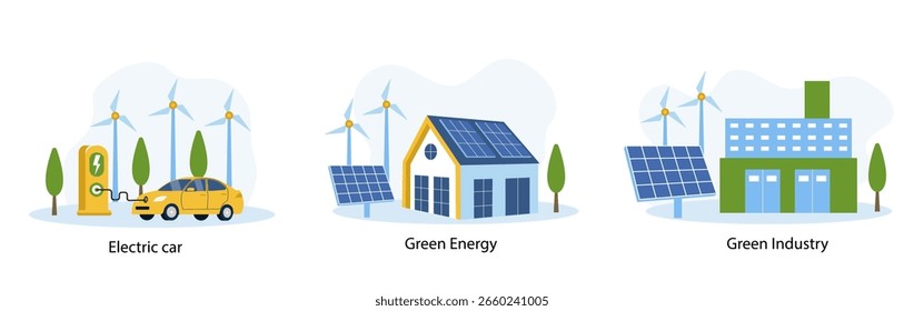 Green energy. Smart grid. Renewable. House with windmills and solar energy panels, electric car near charging station, industry.