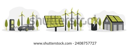 Green energy. Smart grid. Renewable. House with battery, windmills and solar energy panels, electric car near charging station.