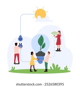 Green energy, smart sustainable idea for electricity production. Tiny people holding light bulb with growing sprout inside, connect lamp to solar power, save environment cartoon vector illustration