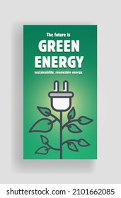 Green Energy social media design set. Ecological template of flyers, magazines, posters, book cover, stories, banners. Eco green concept background. 
