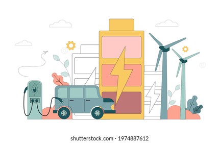 Green energy. Solar panels, wind turbines and battery storage. Vector illustration on white background