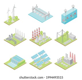 Green Energy with Solar Panels, Wind Generator and Hydro Power Station Isometric Vector Set