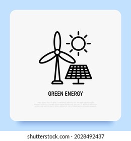 Energía verde, paneles solares y un icono de la línea delgada de la turbina eólica. Energía renovable. Ilustración vectorial moderna.