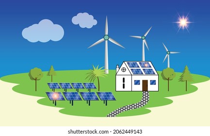 Green energy, solar panels and wind turbines - sustainable resources concept, sustainable energy development, environmental and ecology concept. Vector illustration.
