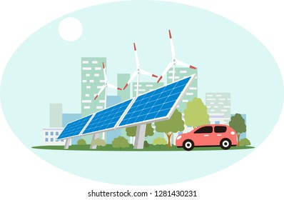 Green energy, solar panels and 
windmill urban landscape, ecology. flat design vector concept illustration