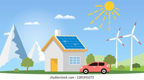 Green energy, solar panels and 
windmill urban landscape, ecology. flat design vector concept illustration