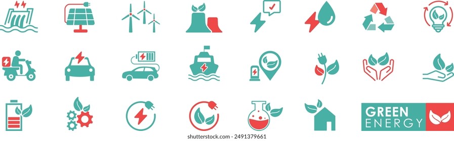 Green Energy Solid icon set. Ecology and green electricity icons Recycle, eco, solar power, wind power, nature, electric car icons, and more signs.