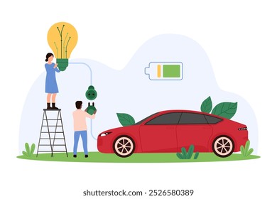 Green energy solutions, electric car charger development to save environment, city transport of future. Tiny people connect bright light bulb and auto vehicle to charge cartoon vector illustration