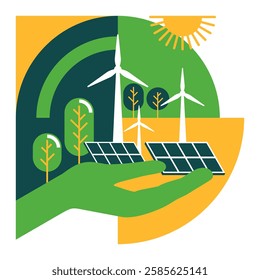 Green energy solutions - hands holding solar panels and wind turbines. Conceptual illustration in simple geometric style