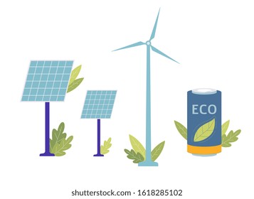 Green energy source set - solar panel, windmill and eco battery isolated on white background. Modern technology for better ecology. Flat vector illustration